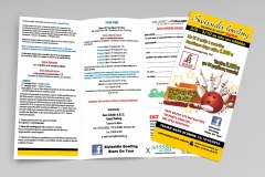 Trifold white template paper on blue background .